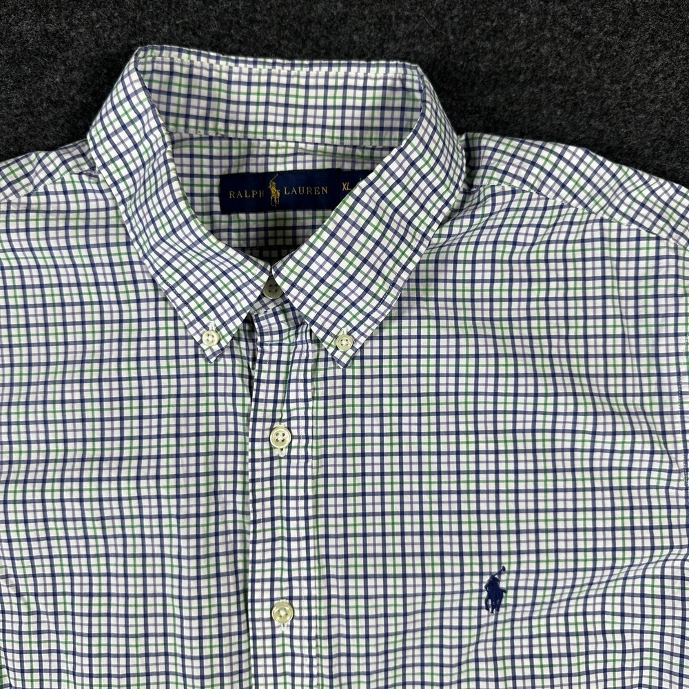 Ralph Lauren Men XL Short Sleeve Button Down Shirt Tattersall Check Cotton Green